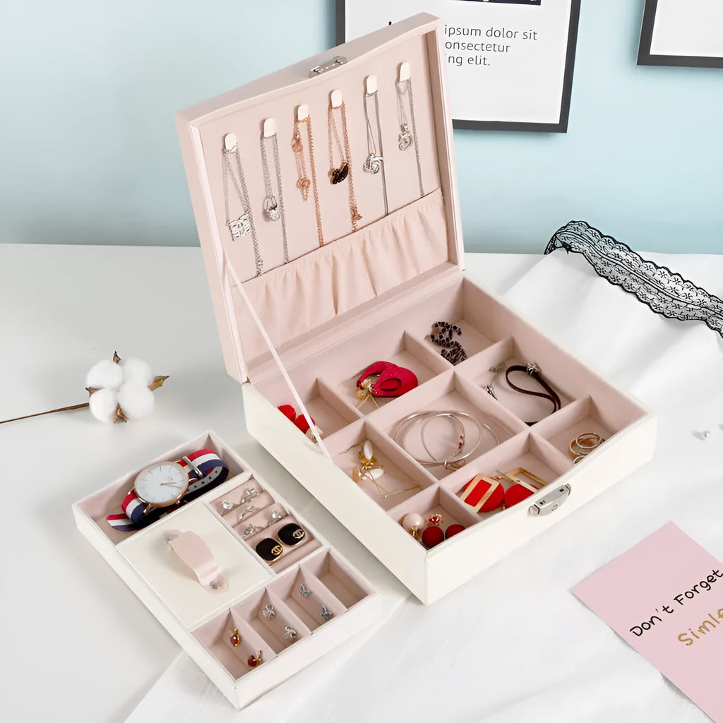 Red or white PU leather jewellery storage box for necklaces and rings with minimalist design