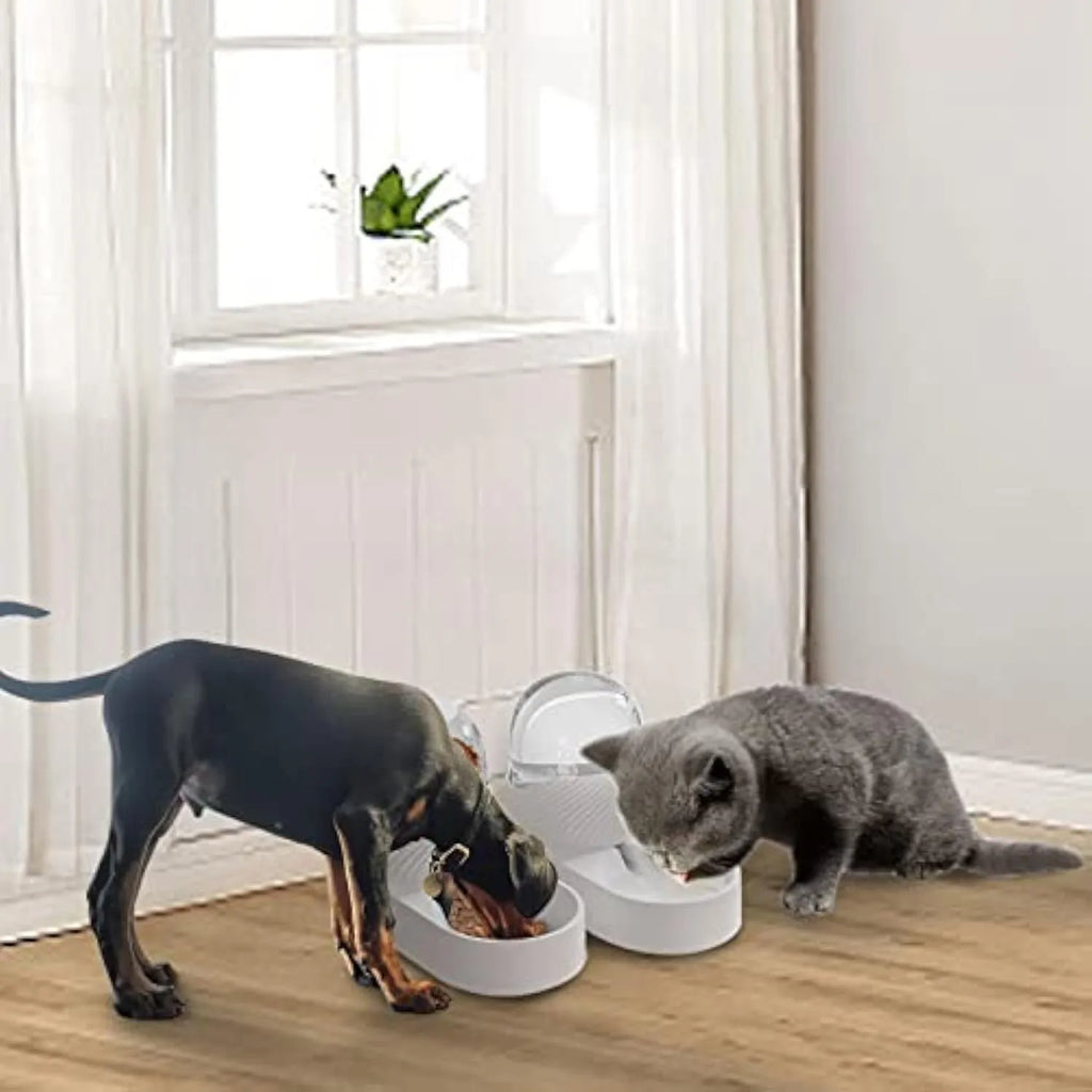 White automatic cat feeder and water dispenser set with wavy design, each bowl 33.5 cm long.