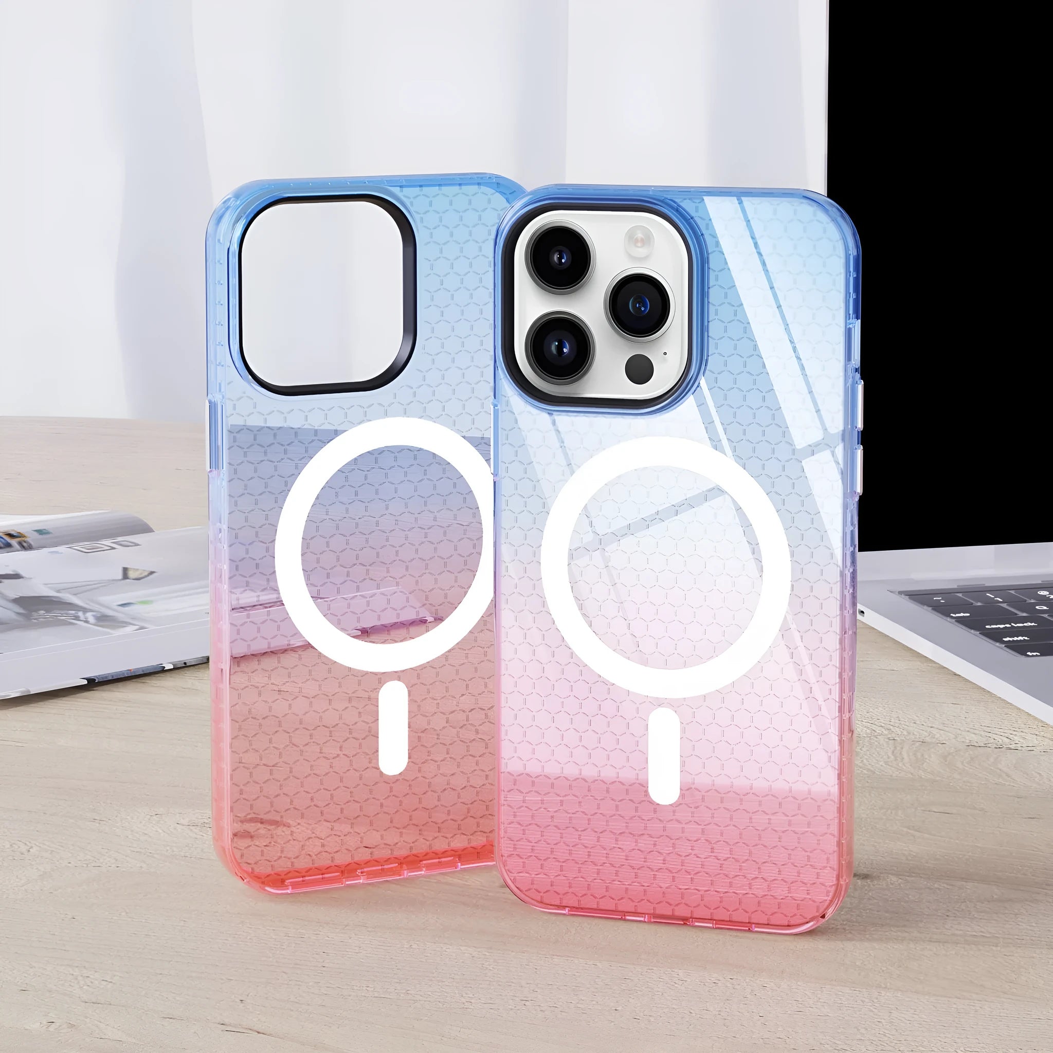 Magnetic phone case honeycomb pattern drop-resistant TPU for iPhone 13 14 15 series transparent