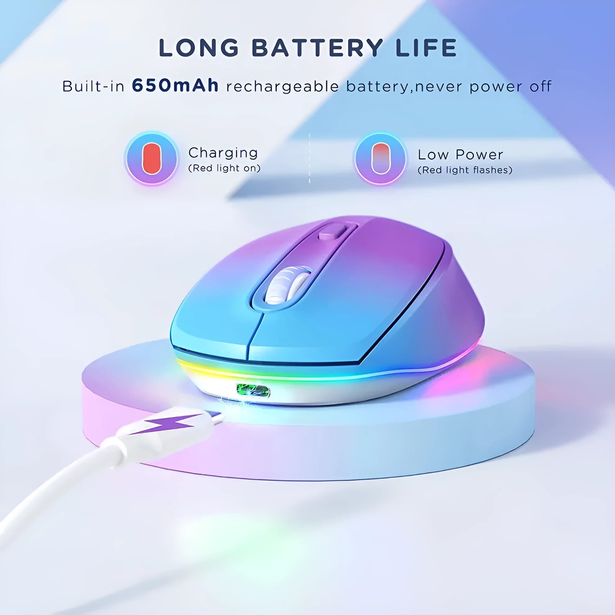 Compact 24g wireless ergonomic mouse with USB charging cable on a desk next to a laptop.
