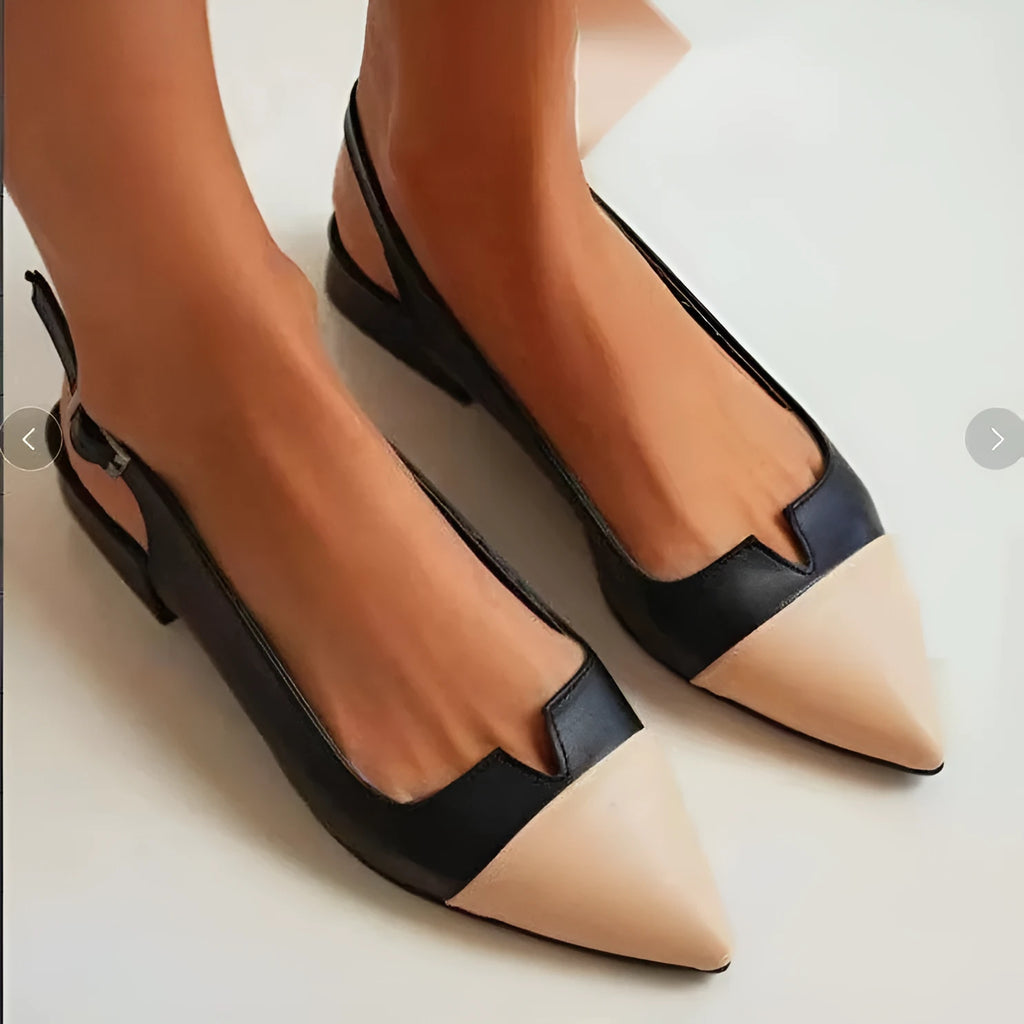 Women's pointed flat bottom low heel pumps in colour-matched design with chunky heel and wool lining