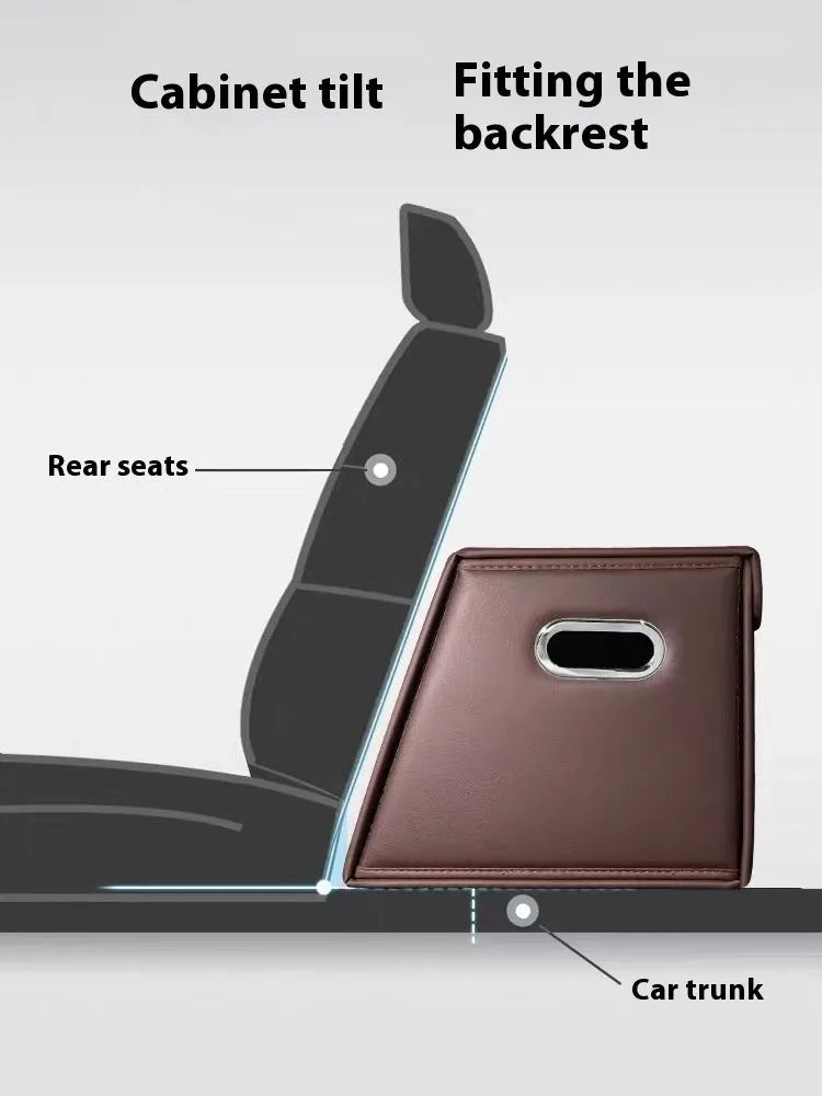 Folding car trunk storage organiser in waterproof leather, available in black, brown, and wine red colours with medium and small size options.