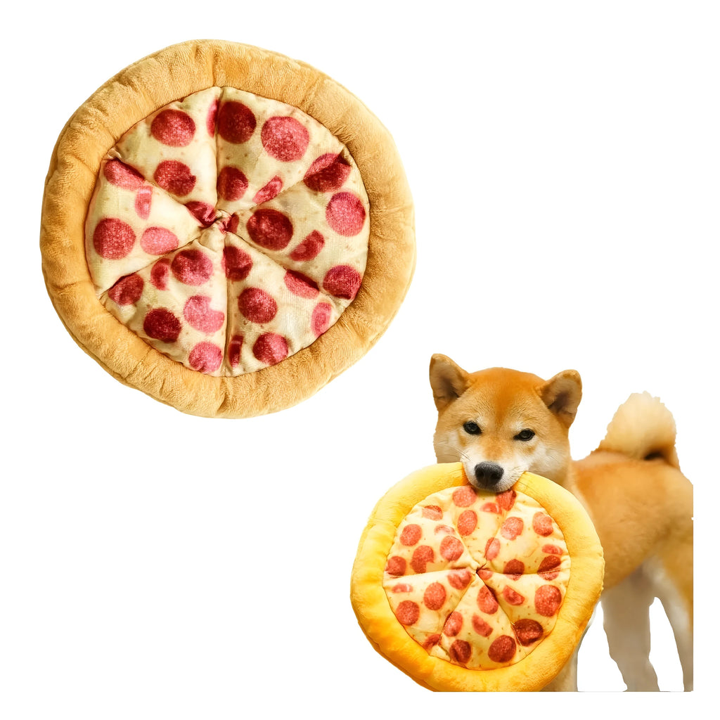 Yellow pizza slice dog chew toy with teddy bear design on top