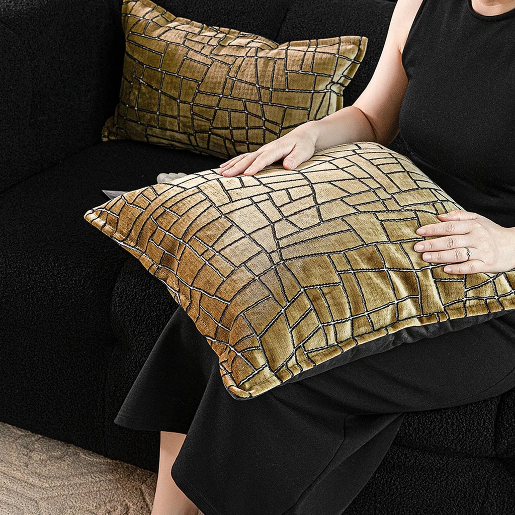 Geometric abstract pattern cushion cover in gold colour with square and waist pillow size options