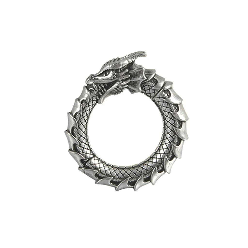 Pair of large stainless steel geometric dragon earrings with antique silver finish and alloy fittings.