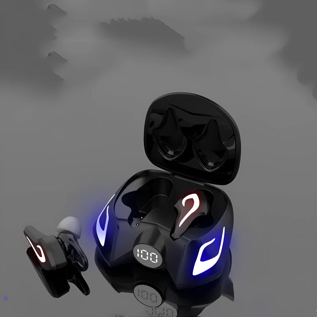 Black grey wireless Bluetooth gaming headset with earplug design showing battery display