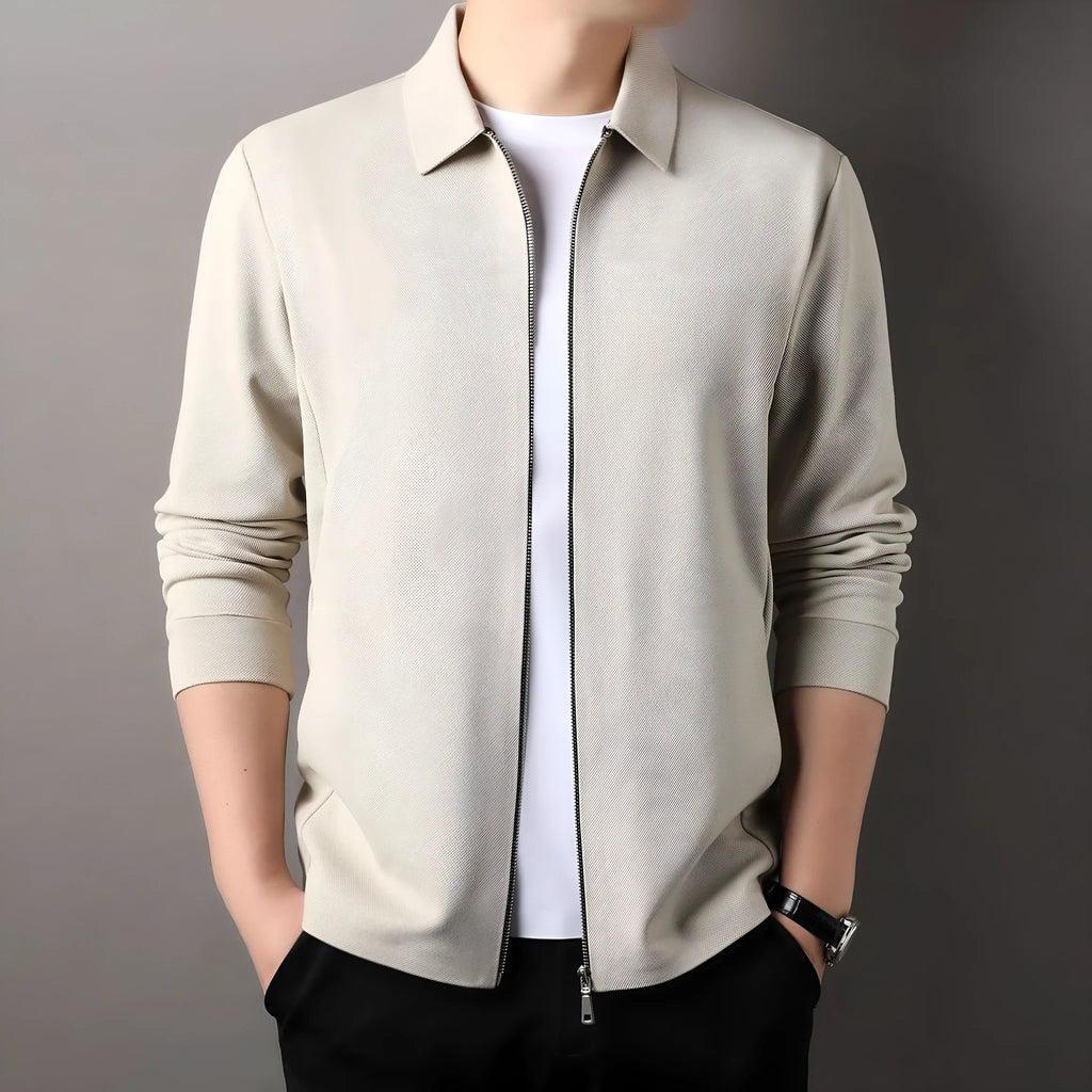 Men's polyester business casual jacket in black, dark gray, or apricot with straight hem