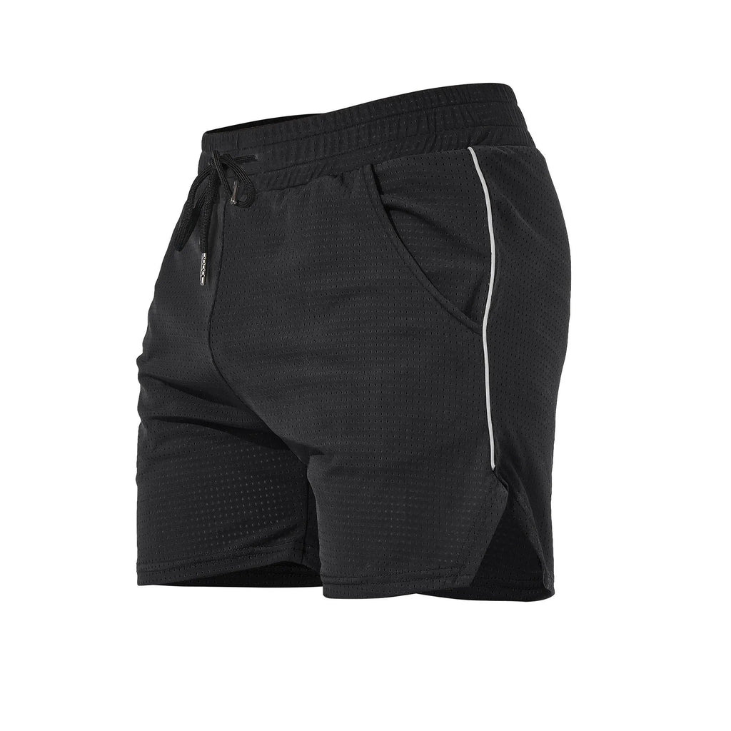 Men's straight-cut polyester fitness shorts in grey, shown on a hanger.