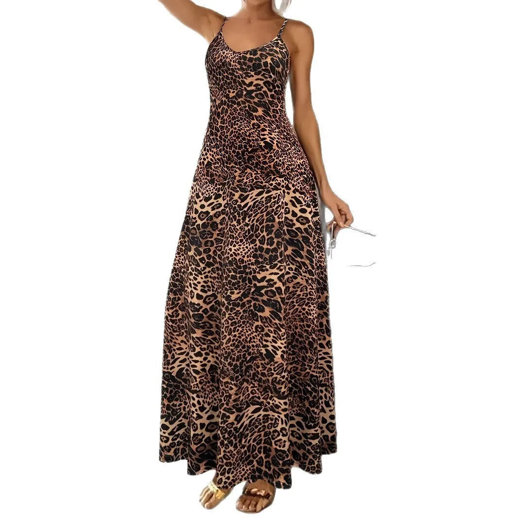 Dark brown leopard print sleeveless dress with round neck and shoulder strap detail