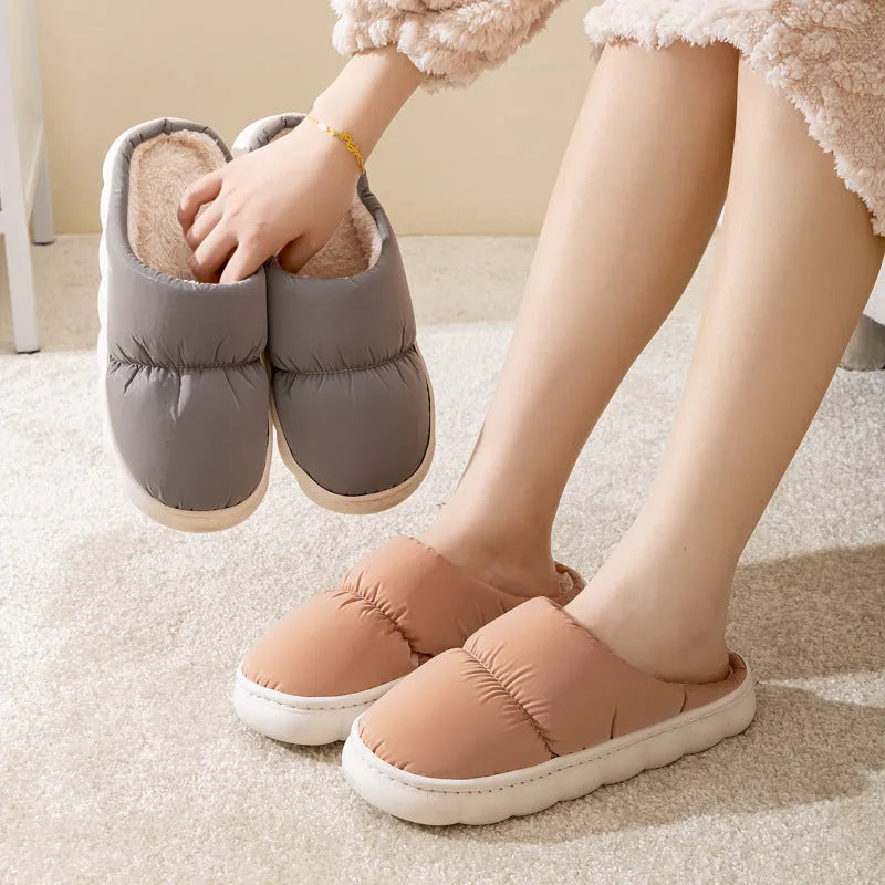 Blue winter house slippers with artificial leather upper, plush lining, and thick rubber anti-slip sole.