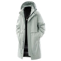 Men's loose windproof warm coat in black, side view, thickened polyester fibre with cotton lining, side pockets, cardigan style