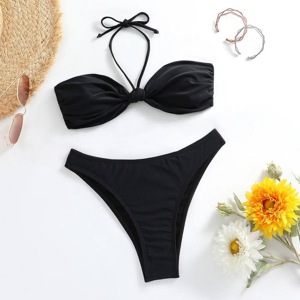 Black polyester women's bikini set with lace-up tube top and matching briefs swimwear