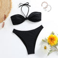 Black polyester women's bikini set with lace-up tube top and matching briefs swimwear