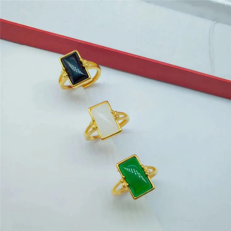 Adjustable brass gold-plated ring with electroplated gemstone inlay in national style design