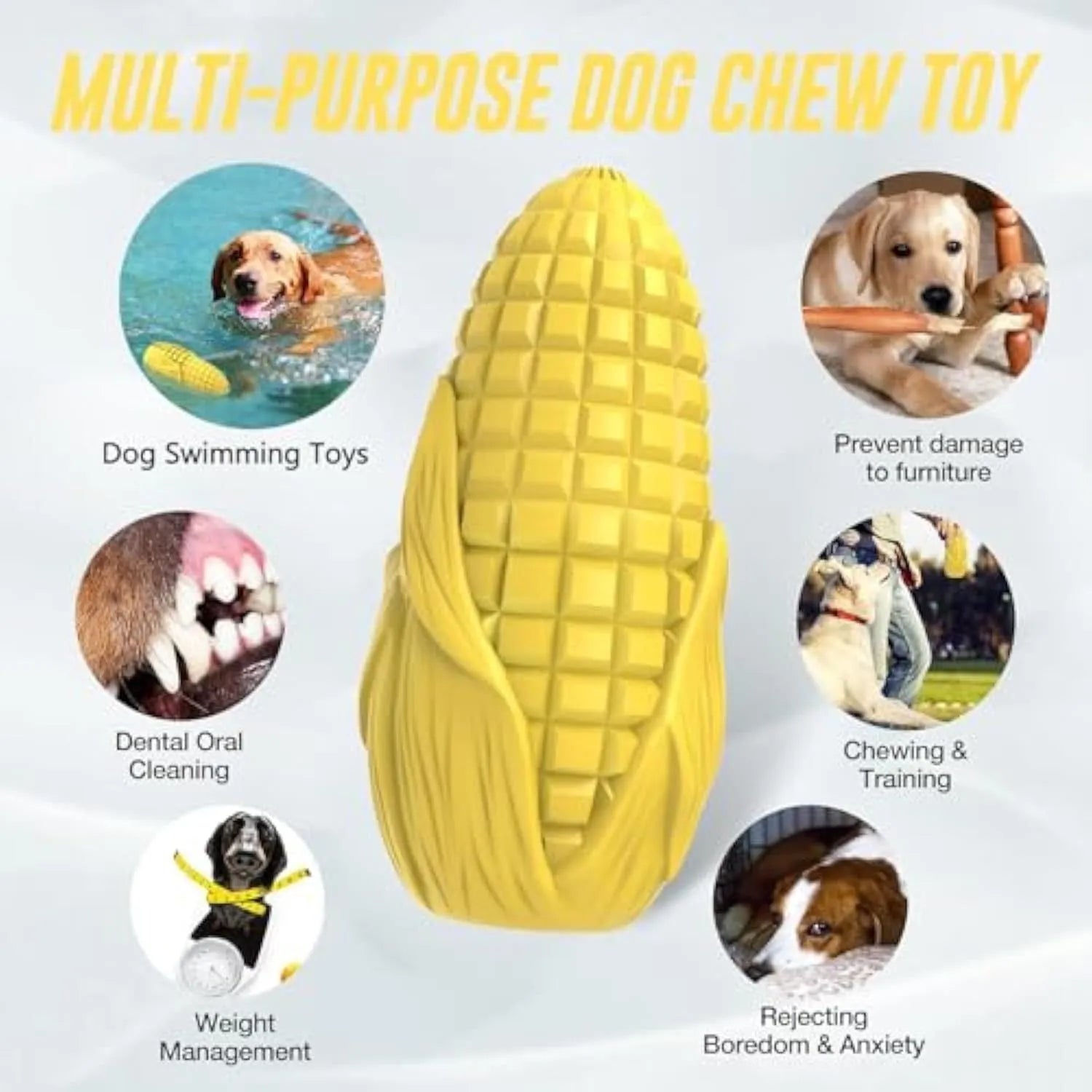 Corn stick shaped dog chew toy with textured surface grooves and squeaky interactive feature