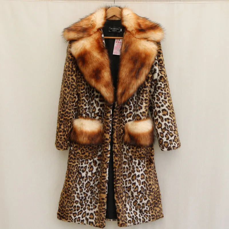 Women's long length leopard print artificial fur jacket on a hanger.