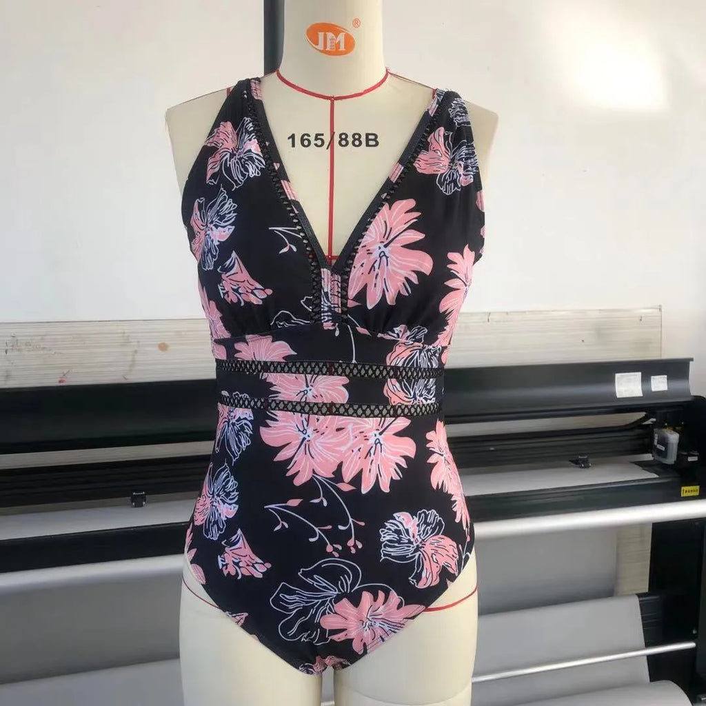 Women's plus size black printed siamese mesh bikini swimsuit sleeveless polyester swimming costume