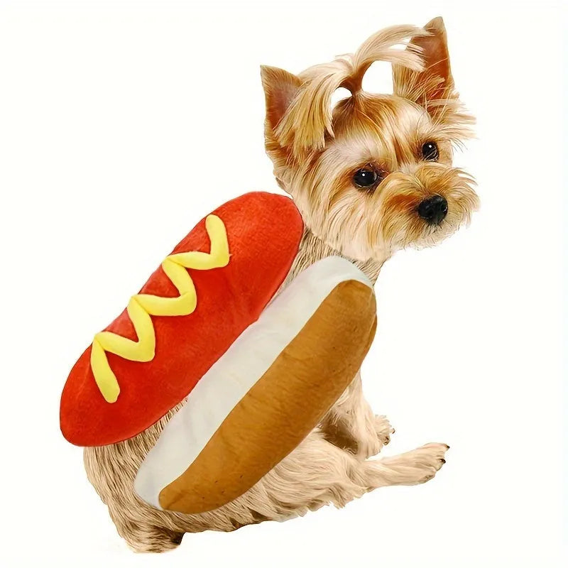 Small dog wearing funny hot dog costume with fleece lining for winter indoor events