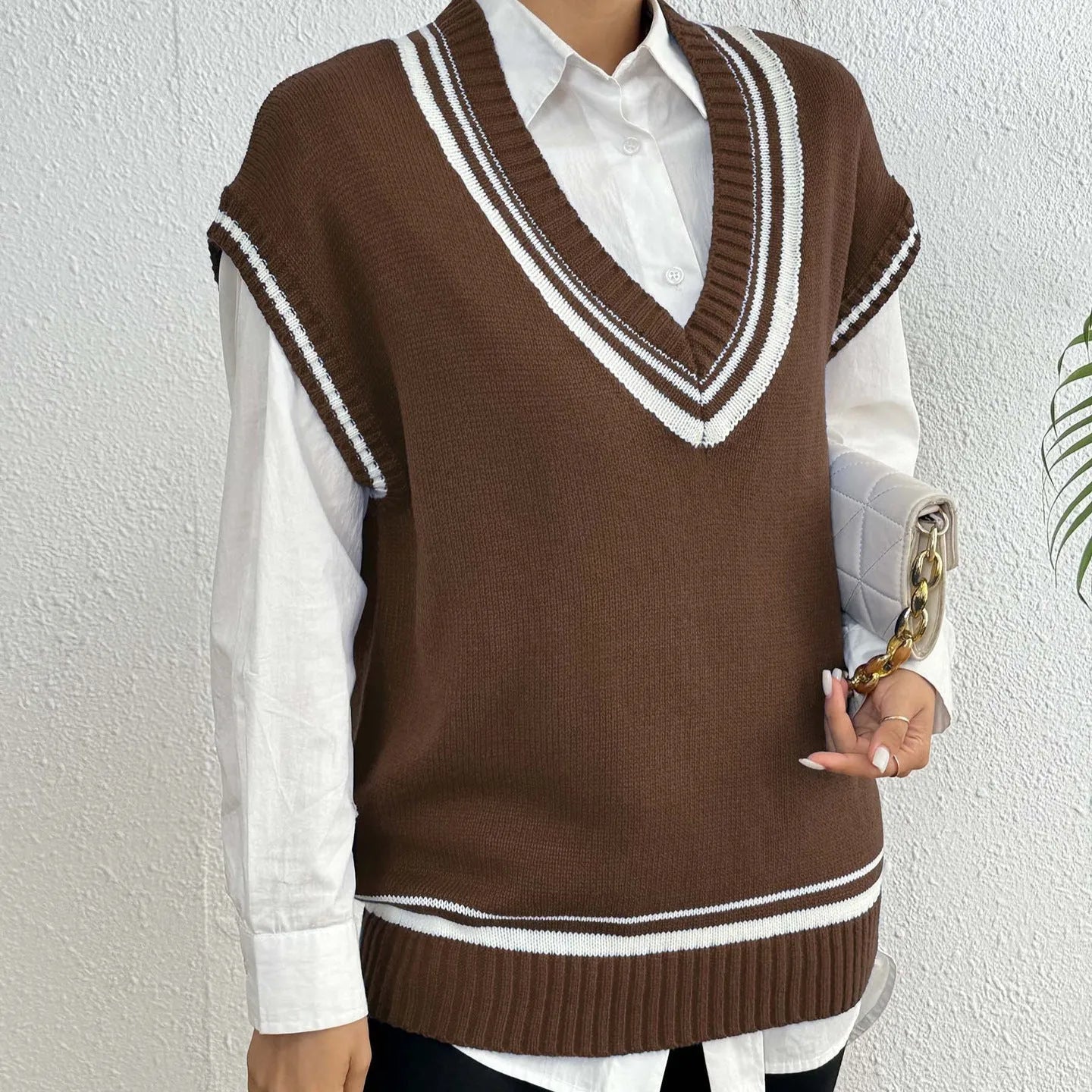 Women's loose fit college-style vest sweater in acrylic blend fabric
