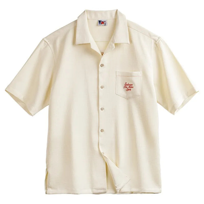 Men's light apricot Cuban collar shirt with bamboo plant pattern detail