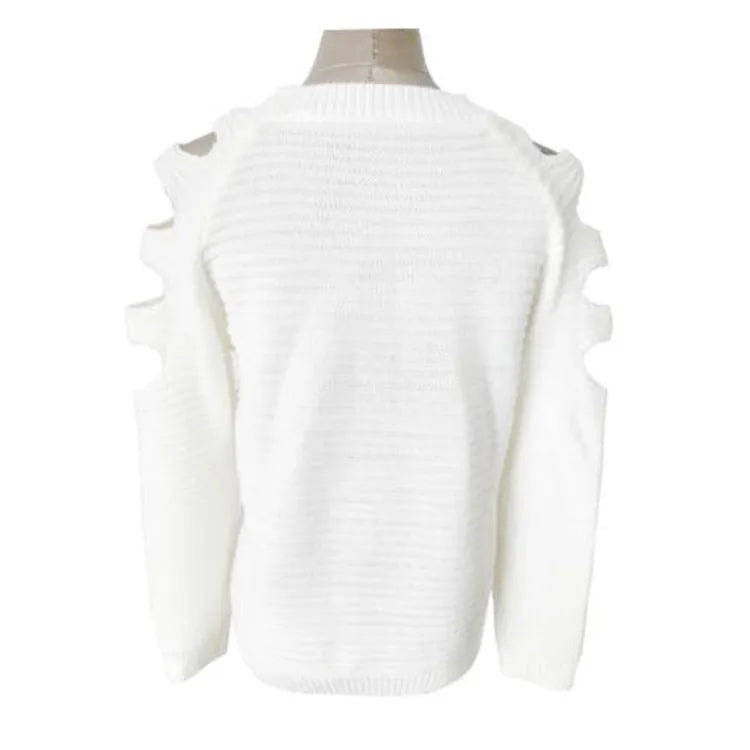 Women's white hollow-out crocheted knit shirt with round neck and long sleeves laid flat.