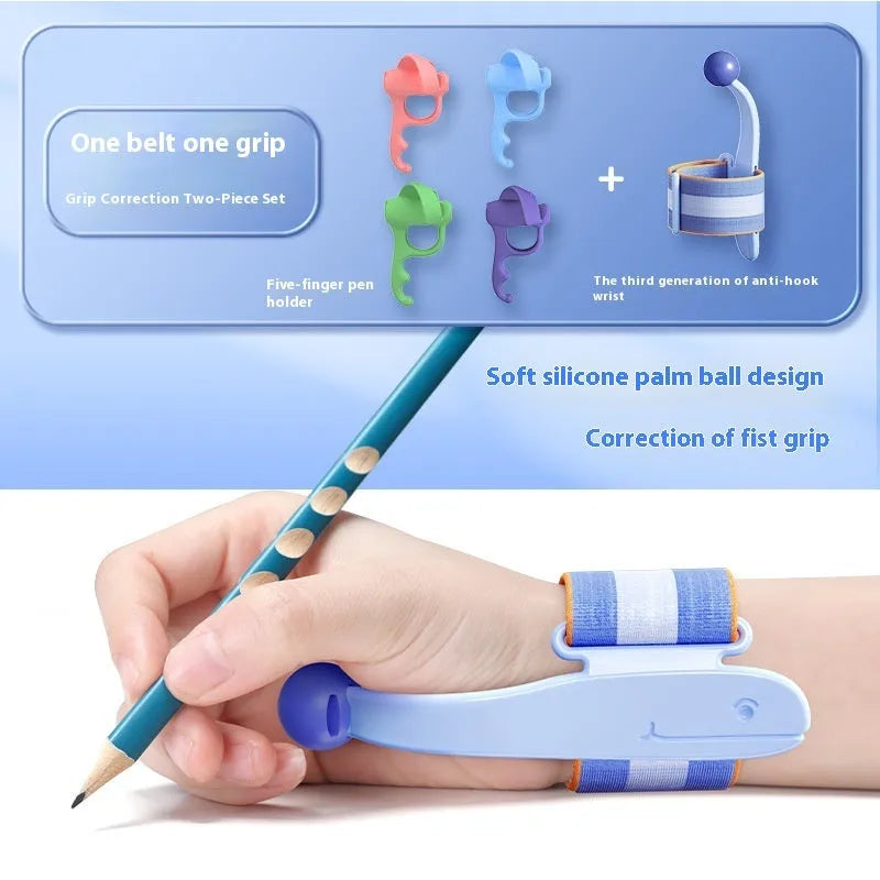Blue Anti-hook Holder Pen Control Corrector wrist brace for pen grip correction.