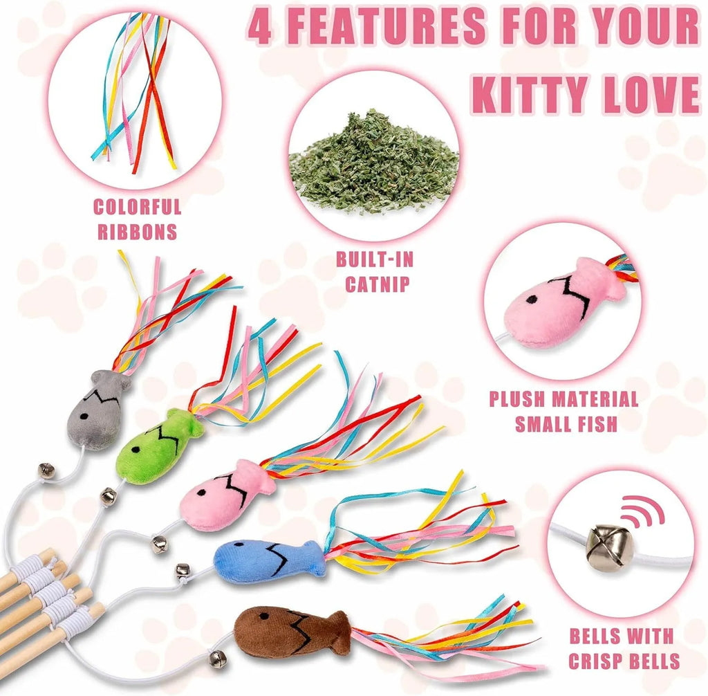 Cat wand toy with wooden handle and colourful ribbon, catnip fish, and bell attachments