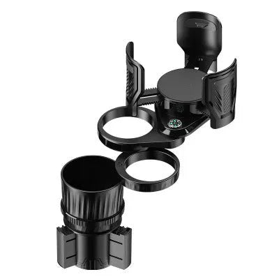 Black car cup holder with retractable base and carbon fibre pattern, shown holding a water bottle.