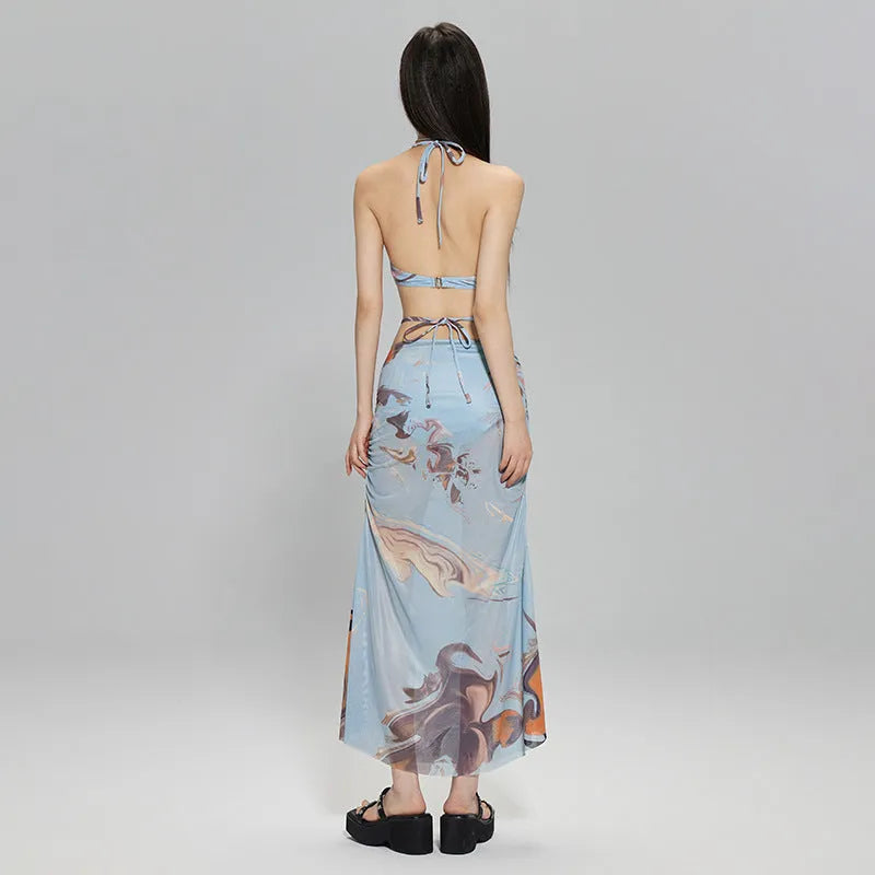 Blue three-piece diamond chain split bikini with backless design for hot spring wear