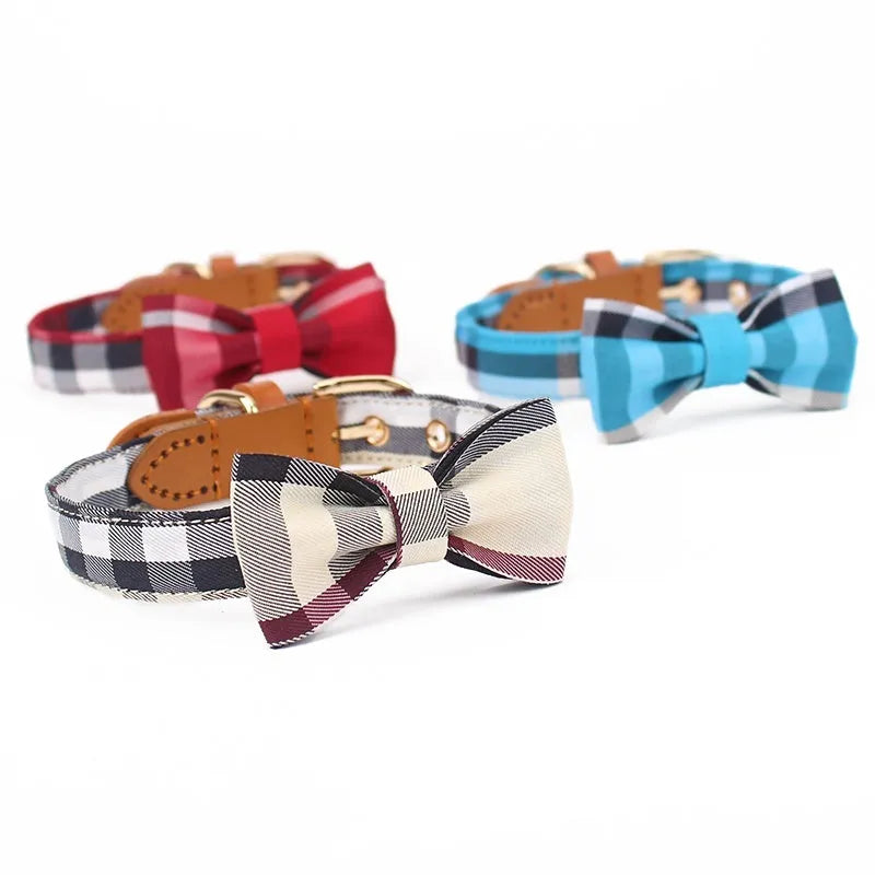 Leather stitching drawable mesh bow pet tie collar for small to medium dogs in classic khaki, Bordeaux red, Rhine blue