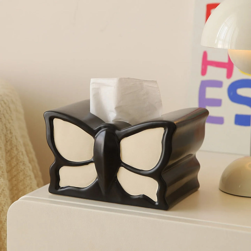 Ceramic butterfly-themed vase and tissue box set with waterproof finish
