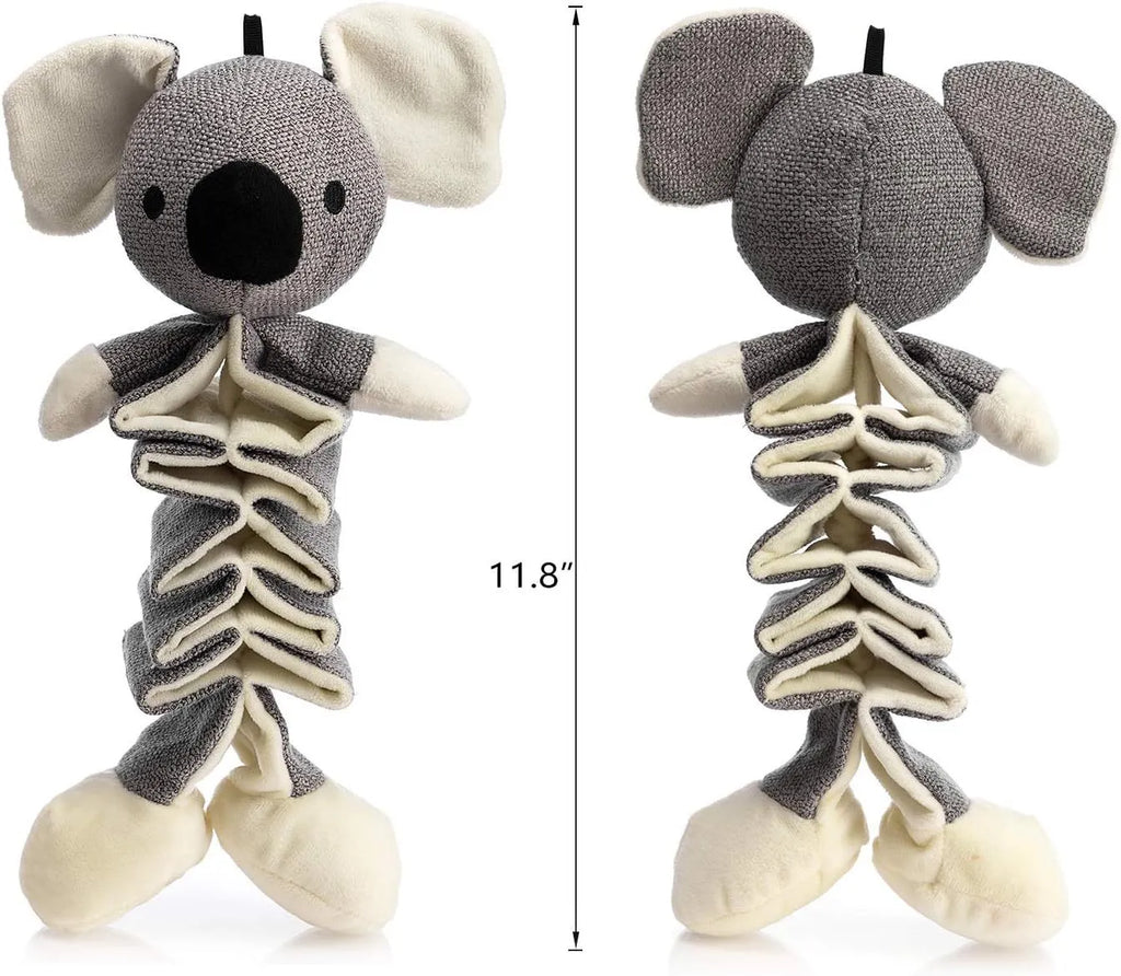 Grey koala-shaped dog chew toy measuring 30cm with plush limbs and crinkle paper inside.