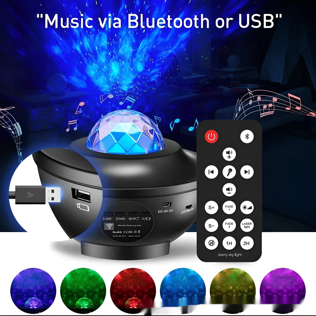 Black parallel style starry sky projection lamp with water ripple laser effects and remote control