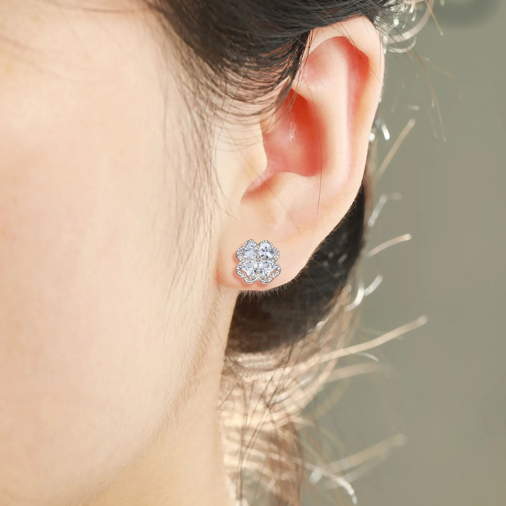 925 silver heart-shaped earrings with four-leaf clover design and zircon stones