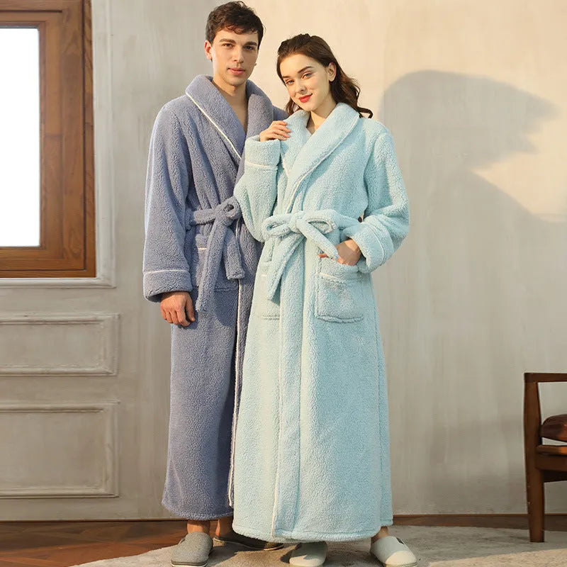 A super thick flannel winter bathrobe for couples shown in navy blue, available in extended sizes M, XL, and XXXL.