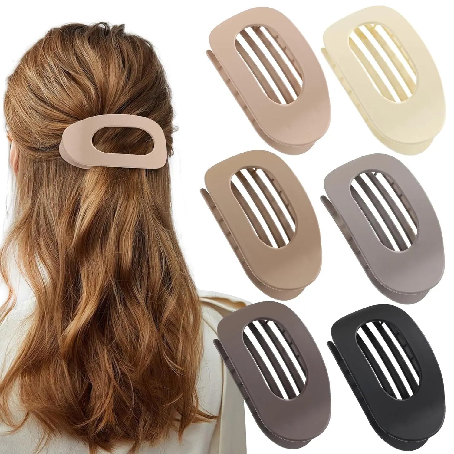 Six plastic hair clips with frosted grip and quadrilateral design in nude and rose red colours