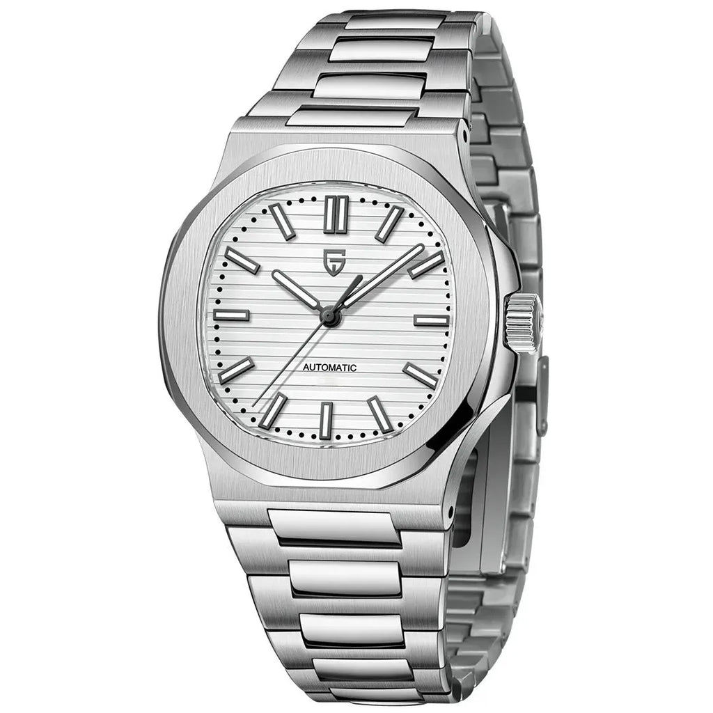 Men's stainless steel automatic waterproof barrel-shaped wristwatch, 14mm thickness, business style, blue dial and rose gold case