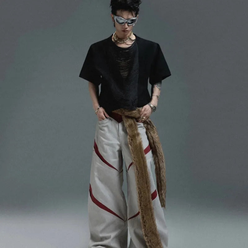 Drum black loose-fit men's V-neck short sleeve t-shirt with tassel detail on the collar.
