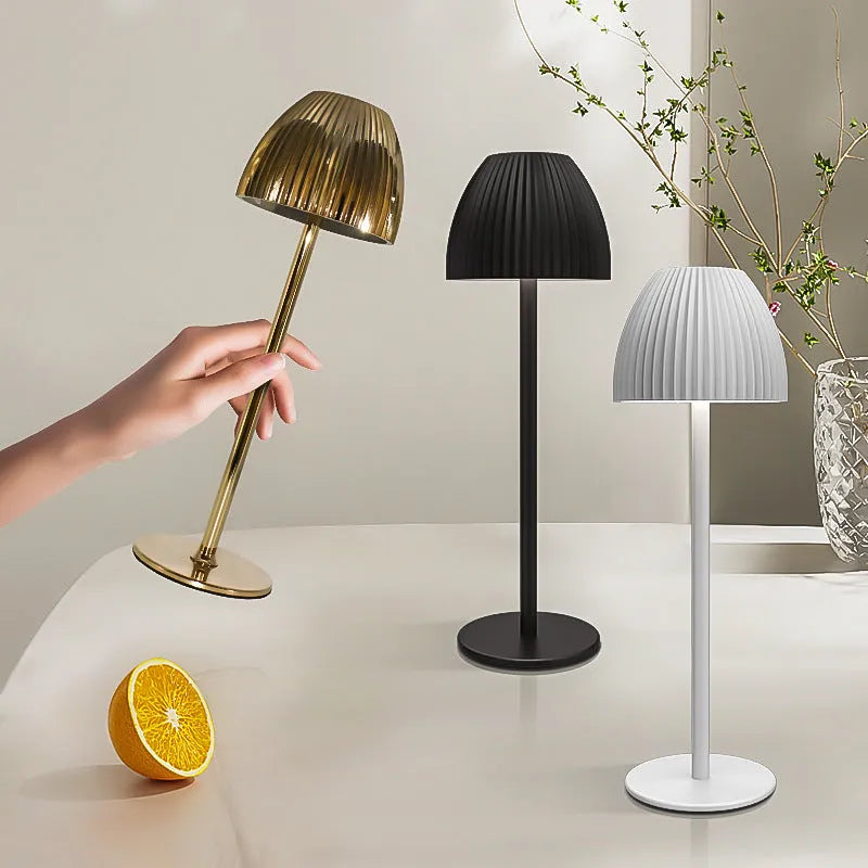 Modern dimmable night lamp with thin round base in black or white, USB rechargeable for bedroom and dining room