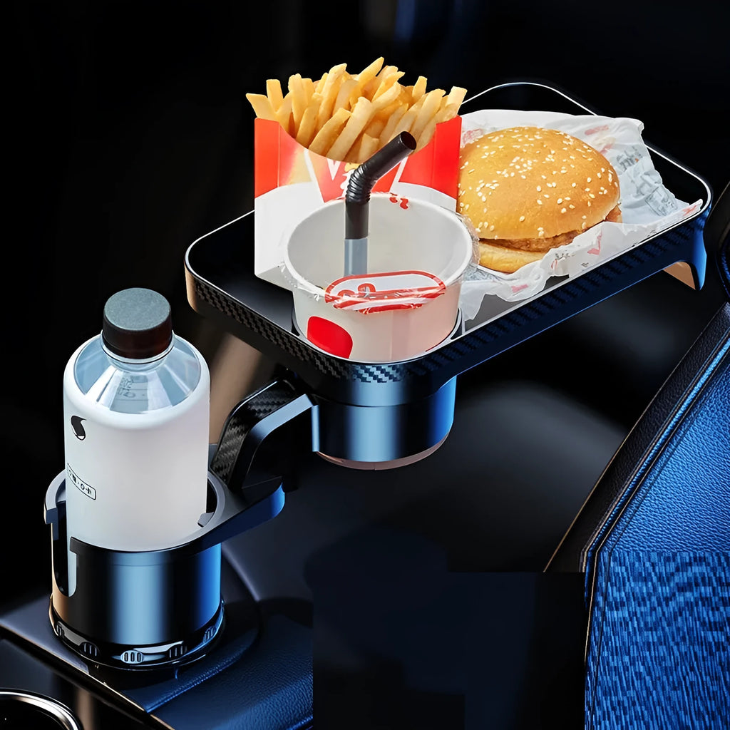 Black car dinner tray holder with 360-degree rotating mechanism mounted in vehicle cup holder