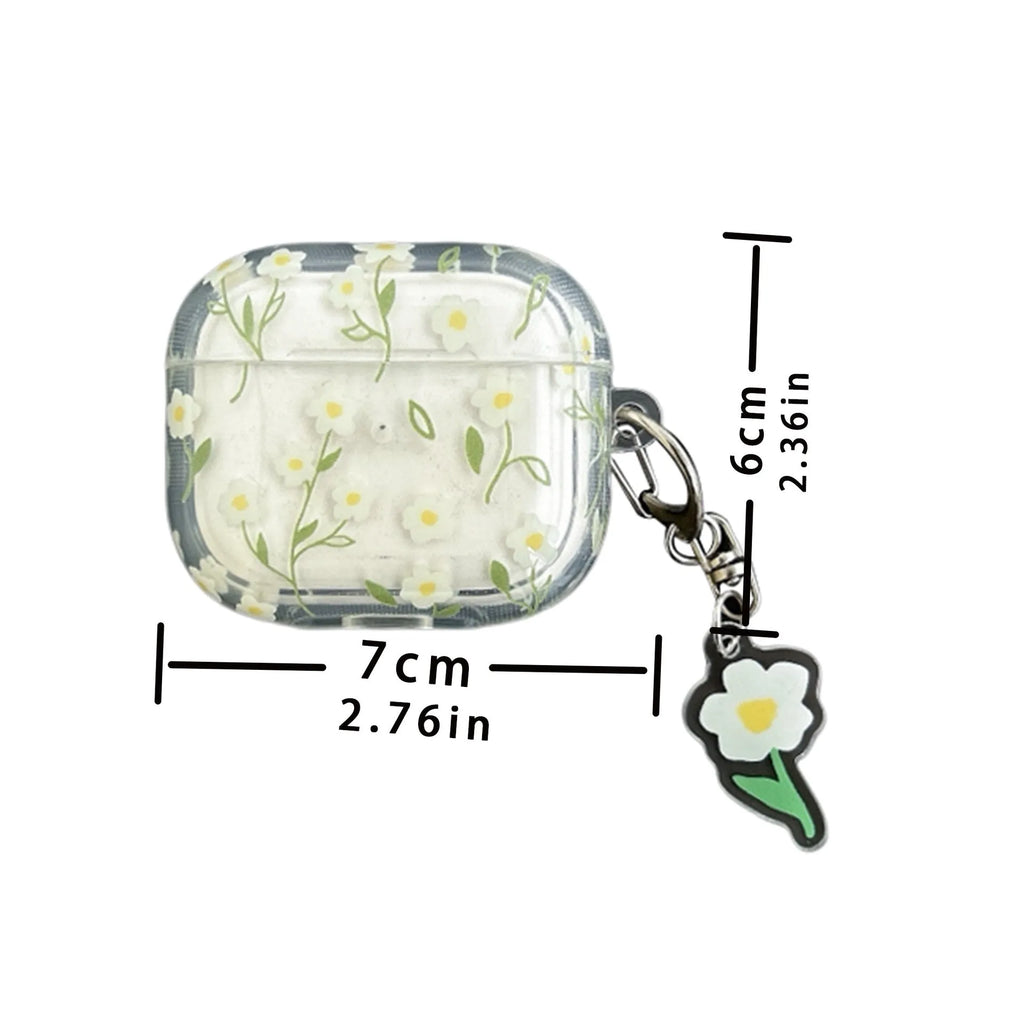 White floral patterned transparent TPU protective cover for Apple AirPods showing compatibility with multiple models
