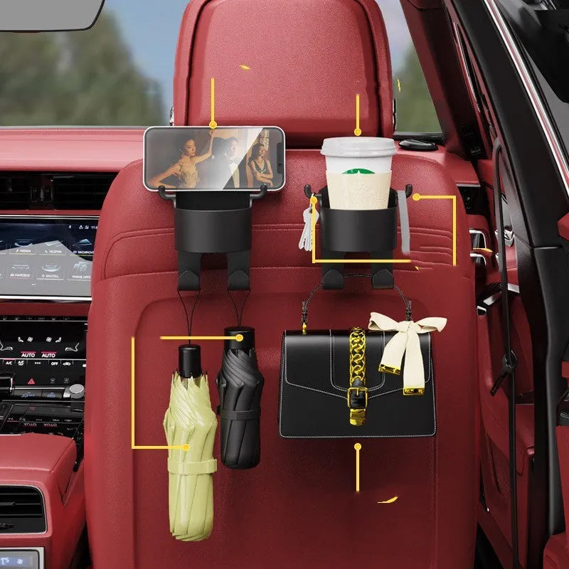 Black plastic car seat back organiser with a cup holder and hook attachments.