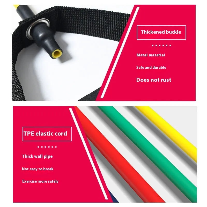 Colour-coded adjustable chest expander TPE fitness rope on yellow, green, red, blue, black backgrounds.