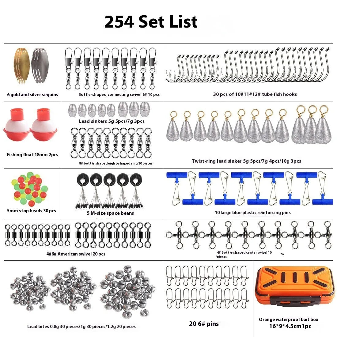 254-piece waterproof rock fishing accessories combination suit with ABS, lead, and carbon steel components
