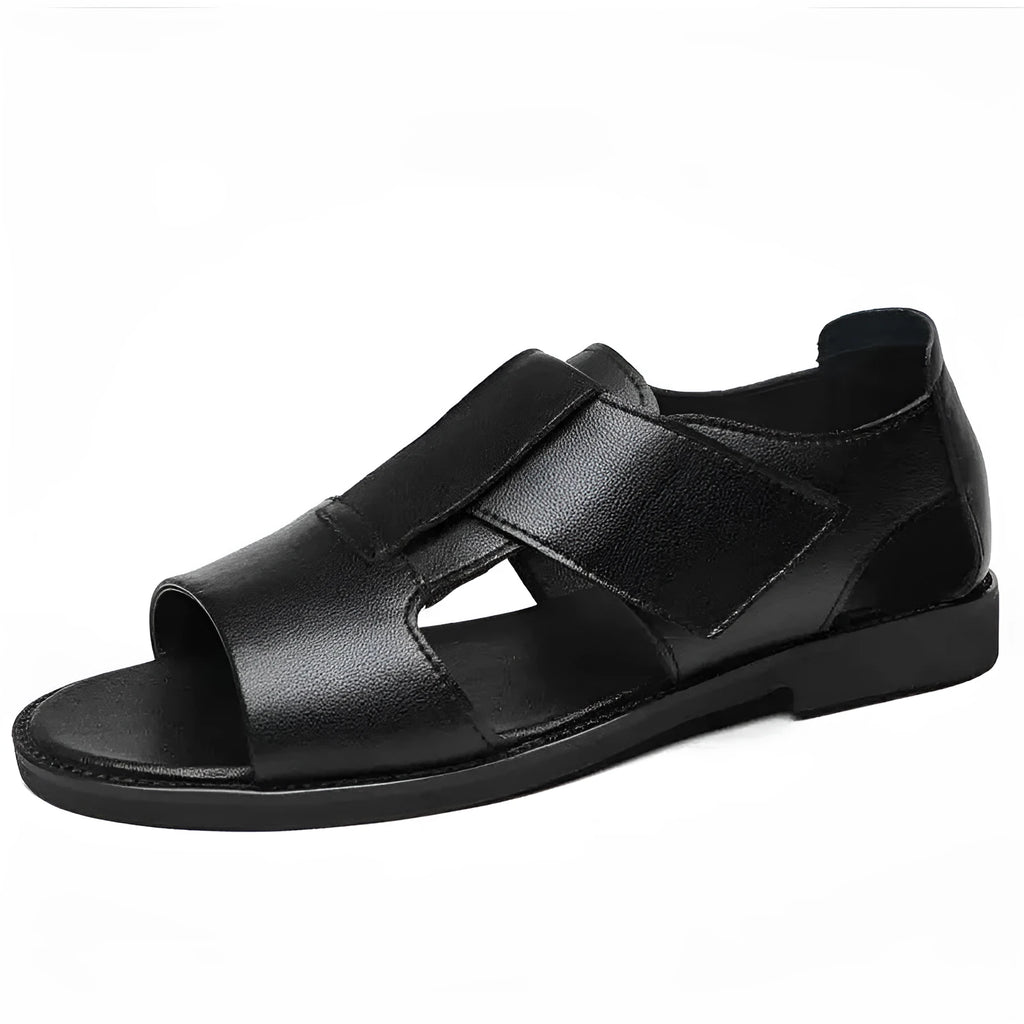 Men's black and brown cowhide leather casual sandals with open-toe design and rubber soles