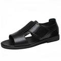 Men's black and brown cowhide leather casual sandals with open-toe design and rubber soles