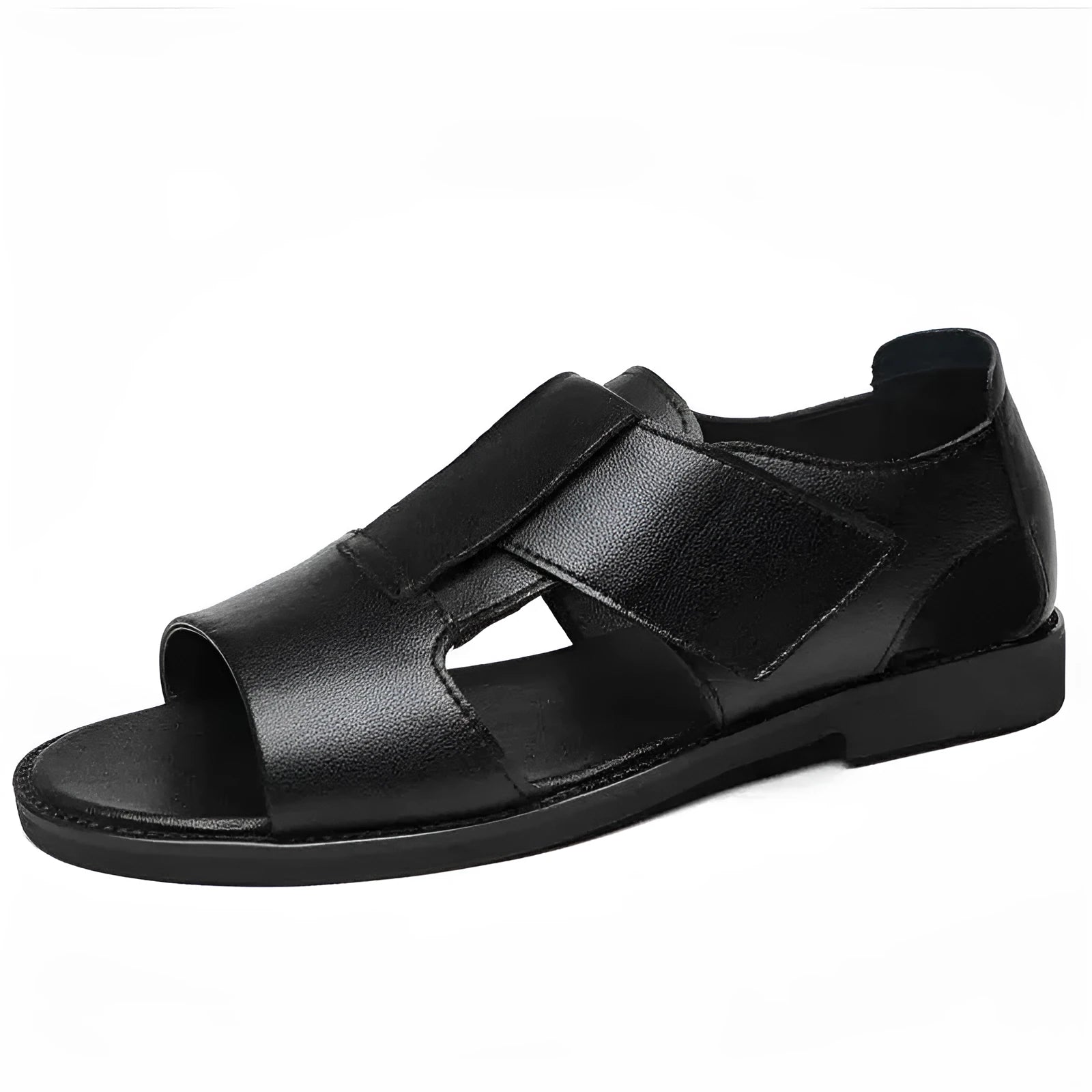 Men's black and brown cowhide leather casual sandals with open-toe design and rubber soles