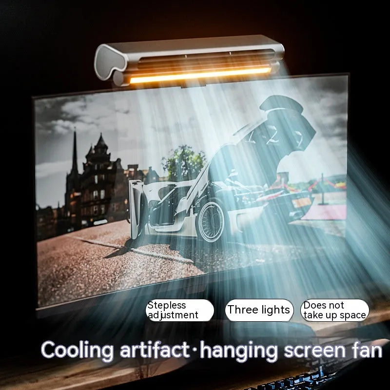Black USB bladeless fan clipped to laptop screen with integrated lighting lamp and three-speed button control