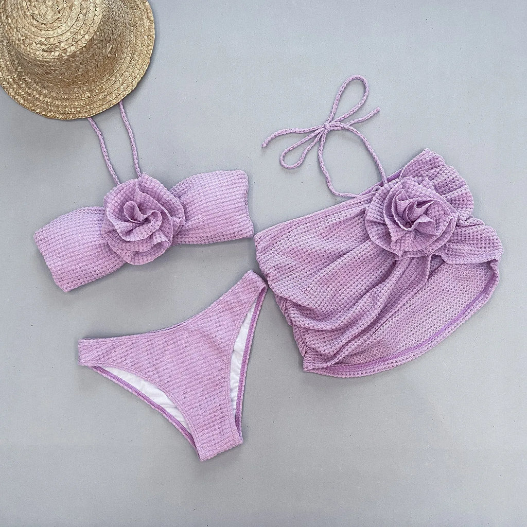 Women's white three-piece swimsuit with 3D flower split design, skirt, bra and panties