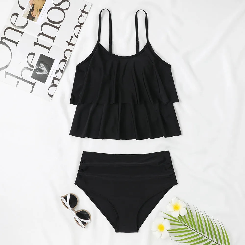 High-waisted double-layer swimsuit with black and coconut tree print patterns for women